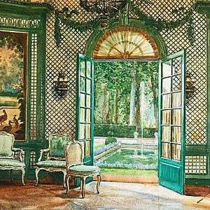 Interior of Elsie De Wolfe's music pavilion looking out on to the pool, The Villa Trianon