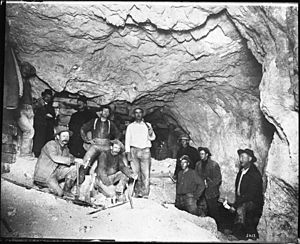 Interior view of mine and miners in the Mohawk Mine, Goldfield, Nevada, ca.1900-1905 (CHS-5417)