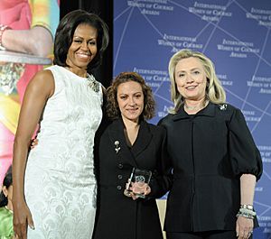 Jineth Bedoya Lima with Hillary Rodham Clinton and Michelle Obama at 2012 IWOC Award cropped.jpg