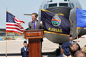 Kansas Governor Sam Brownback makes remarks at a ground breaking ceremony at McConnell Air Force Base