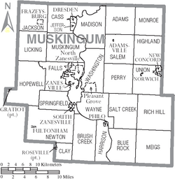 Map of Muskingum County Ohio With Municipal and Township Labels