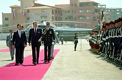 President Ronald Reagan reviewing troops with President Miguel de la Madrid at the Camino Real Hotel landing zone in Mazatlan, Mexico
