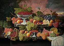Severin Roesen - Two-Tiered Still Life with Fruit and Sunset Landscape - Google Art Project