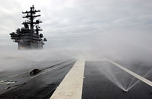 US Navy 050615-N-8148A-063 The Nimitz-class aircraft carrier USS Ronald Reagan (CVN 76) activates her countermeasures wash down system as part of a series of test and evaluations to certify the vessel in the event of a chemical