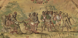 Coronación del rey de Tescoco y destierro del otro a influencia de Cortés, en la tabla 13 de la conquista de México, Juan González & Miguel González