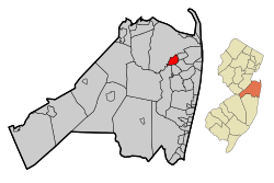 Location of Red Bank in Monmouth County highlighted in red (left). Inset map: Location of Monmouth County in New Jersey highlighted in orange (right).
