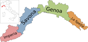 Map of region of Liguria, Italy, with provinces-en