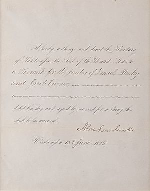 Presidential pardon by Abraham Lincoln for Confederate rangers Dusky and Varner, June 13, 1863