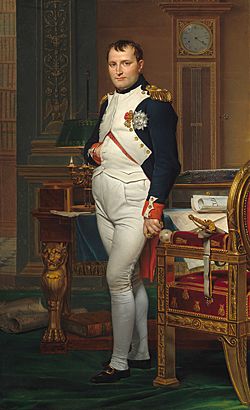 Portrait of Napoleon in his late thirties, in high-ranking white and dark blue military dress uniform. He stands amid rich 18th-century furniture laden with papers, and gazes at the viewer. His hair is Brutus style, cropped close but with a short fringe in front, and his right hand is tucked in his waistcoat.