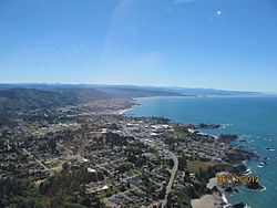 An aerial view of Brookings, Oregon and its coastline