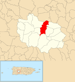 Location of Capáez within the municipality of Adjuntas shown in red