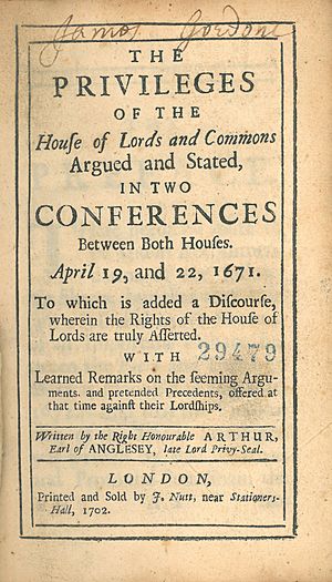 Earl of Anglesey, Privileges of the House of Lords and Commons (1702, title page)