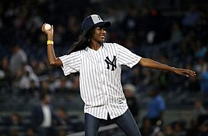 Miss USA 2016 Deshauna Barber throws out the first pitch at Yankee Stadium