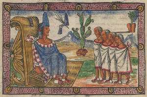 Moctezuma II recibiendo una embajada de Huejotzingo durante la guerra con Tlaxcala, en el folio 176v