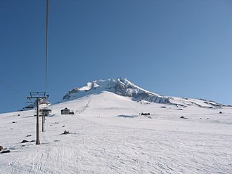 Timberline Lodge Ski Area, showing the Magic Mile and Palmer chairlifts with Silcox Hut at right center