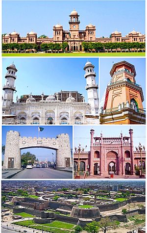 Clockwise from top: Islamia College, Cunningham clock tower, Sunehri Mosque, Bala Hissar Fortress, Bab-e-Khyber, Mahabat Khan Mosque