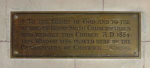 St Nicholas Chiswick rebuilt by Henry Smith churchwarden 1884 brass plate