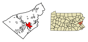 Location of Bethlehem in Lehigh and Northampton counties, Pennsylvania.