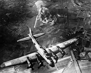 8th Air Force Boeing B-17 Flying Fortress during raid of October 9, 1943 on the Focke-Wulf aircraft factory at Malbork, Poland (Marienburg in German).