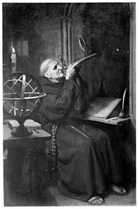 Roger Bacon in his observatory at Merton College, Oxford. Oi Wellcome M0001840