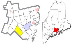 Location of Searsmont (in yellow) in Waldo County and the state of Maine