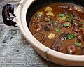 Claypot beef stew with potatoes and mushrooms