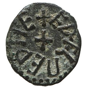 Copper alloy styca of King Aethelred II of Northumbria (YORYM 2000 3512) obverse