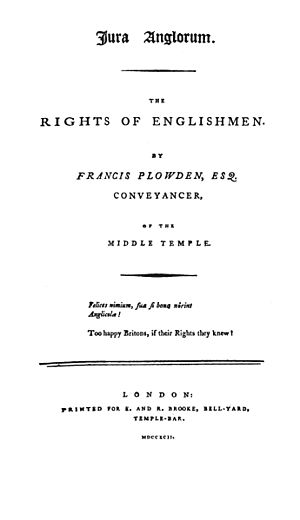 Francis Plowden, Jura Anglorum (1st ed, 1792, title page)