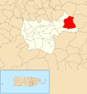 Location of Guavate within the municipality of Cayey shown in red