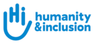 Handicap International's modern logo, with the words of the new name humanity & inclusion, the logo is a blue hand symbol with the word "Hi" in it.