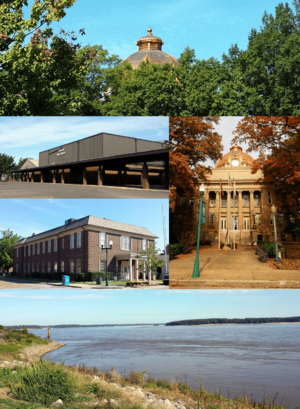 Clockwise from top: Mississippi County Courthouse copper dome is visible among mature trees as seen from the Hale Avenue Historic District, the courthouse grounds and main entrance, the Mississippi River at Sans Souci landing, Mississippi County Library, Osceola High School