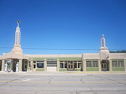 Historic U-Drop Inn, a Conoco fuel station restoration in Art Deco style along U.S. Route 66 in Shamrock