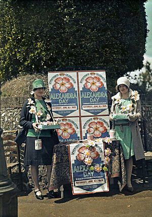 Selling Queen Alexandra roses for charity in Seaford, southern England in 1928.