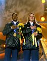 Vonetta Flowers and Jill Bakken during the medal ceremony in Salt Lake City