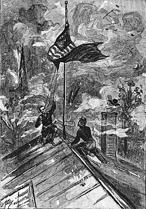 Hoisting first real American flag over the Capitol of the captured Rebel Capital, Richmond, Monday, 3d April, 1865, by Lt.-Col. Johnston Livingston de Peyster, A.D.C