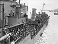 Troops evacuated from Dunkirk on a destroyer about to berth at Dover, 31 May 1940. H1637
