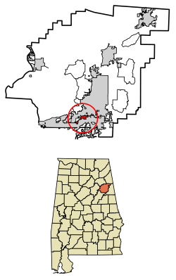 Location of Hobson City in Calhoun County, Alabama.