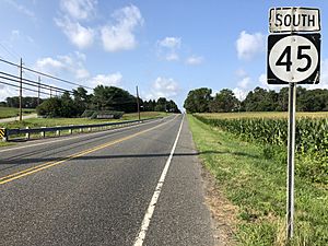 2018-08-26 09 48 50 View south along New Jersey State Route 45 (Woodstown-Mullica Hill Road) just south of Gloucester County Route 617 (Mullica Hill Road) in South Harrison Township, Gloucester County, New Jersey