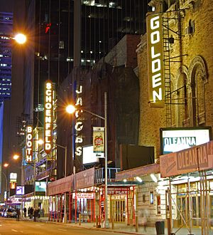 The Golden Theatre, Bernard B. Jacobs Theatre, Gerald Schoenfeld Theatre and Booth Theatre on West 45th Street in Manhattan's Theater District