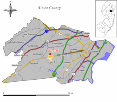 Map of Garwood in Union County. Inset: Location of Union County in the State of New Jersey.
