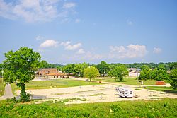 View across campground from US 60; courthouse square in the distance