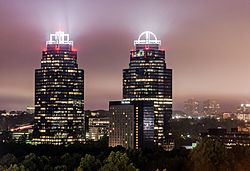 The contemporary skyline of Sandy Springs is dominated by the Concourse office towers, as seen in 2013.