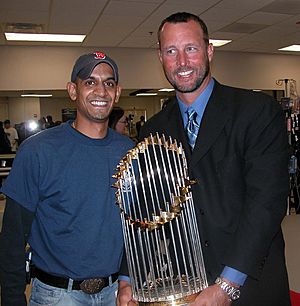Tim Wakefield and the 2004 World Series trophy