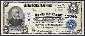 US $5 National Bank Note from Bank of Italy NT&SA, San Francisco
