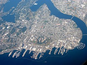 Aerial view of the city with Puget Sound Naval Shipyard at the bottom