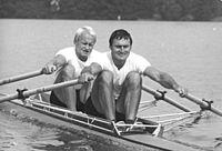 Two rowers with two oars each