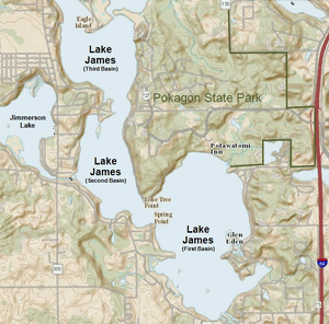Lake James, Pokagon, Jimmerson map (Indiana)