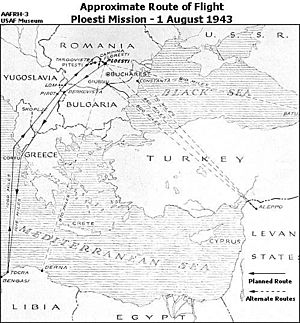 Polesti Mission Route of Flight 1 August 1943