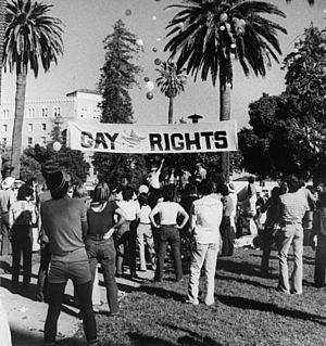 1980 Gay Pride rally, Plaza Cesar Chavez, San Jose (cropped)
