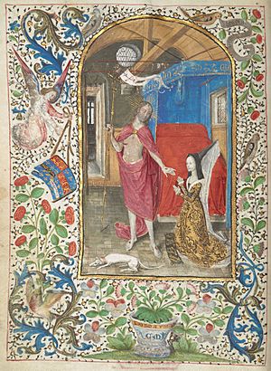 British Library Margaret of York before the resurrected Christ, Additional 7970, f. 1v